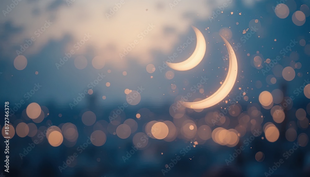 Fototapeta premium Glowing crescent shapes illuminate a soft focus nighttime cityscape filled with numerous diffused light orbs