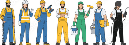 Construction, workers, illustration, set, builders, professionals, safety, uniform, tools, industry, teamwork, labor, characters, occupations, flat, design, vector, people, engineering, work