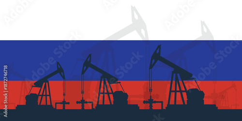 Oil rig pumpjack background. Russia petroleum industry. Russian Federation flag. Crude oil