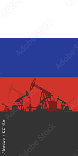 Oil rig pumpjack background. Russia petroleum industry. Russian Federation flag. Crude oil