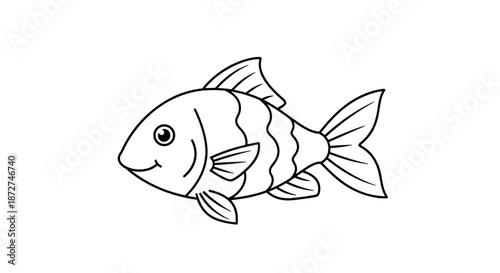 A simple line art drawing of a cute, smiling fish with wavy stripes, designed as a fun and easy coloring page for young children.