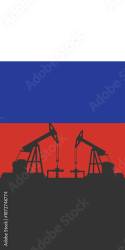 Oil rig pumpjack background. Russia petroleum industry. Russian Federation flag. Crude oil