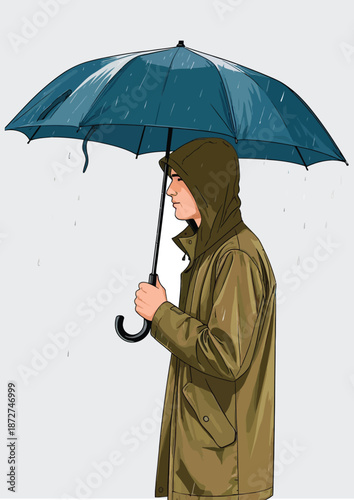 060-17-Man in raincoat seeking protection from falling rain