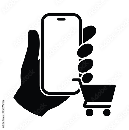 Vector image showing hand holding smartphone with shopping cart icon.