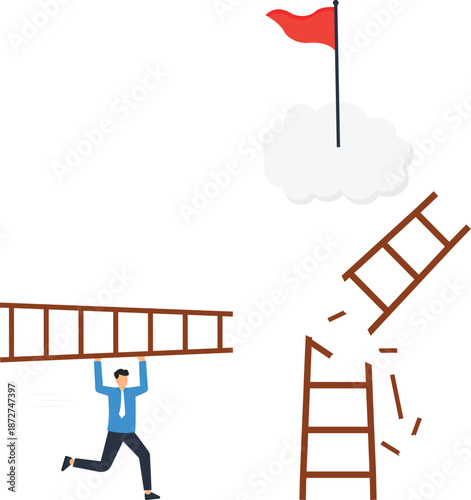 Businessman running carrying ladder overcoming obstacles broken path goal achievement solution finding business challenge success metaphor determination effort corporate strategy