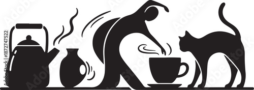 Black silhouette of cat and person drinking coffee together