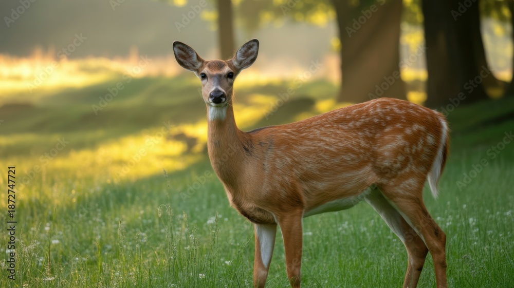 Fototapeta premium White-tailed Deer Grazing in Sunlit Forest Meadow with Golden Hour Light and Soft Focus Background Illustration