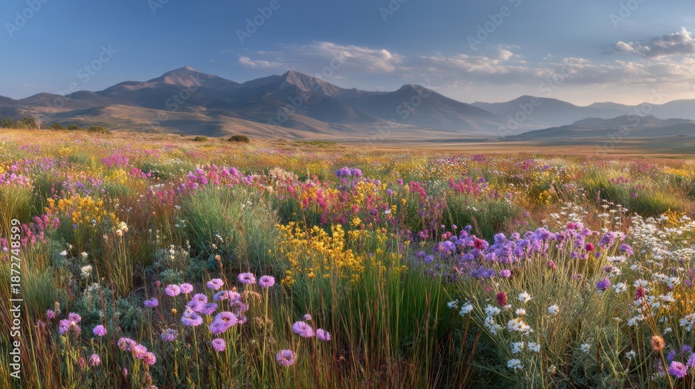 Fototapeta premium Colorful Wildflowers Field Stretching Toward Majestic Mountains Under Blue Sky at Sunset
