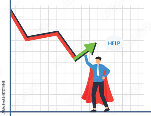 Businessman superhero reversing business crisis financial failure market downturn economic recession corporate rescue upward arrow growth strategy seeking assistance problem solving recovery effort