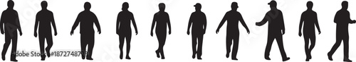 Silhouettes of people walking in various poses and styles together
