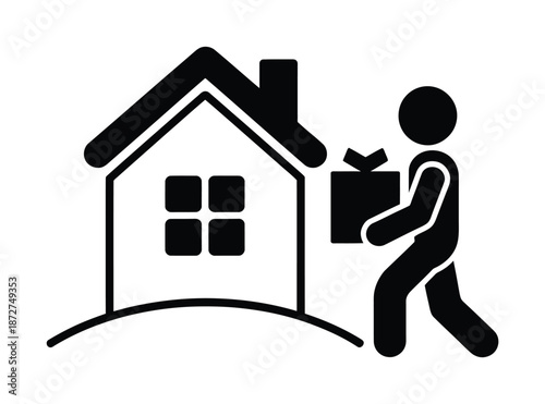 Vector icon showing person carrying box near house illustrates moving process