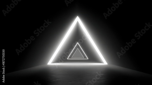 Infinite Neon Triangle Tunnel with White Glow and Reflective Surface portal geometric