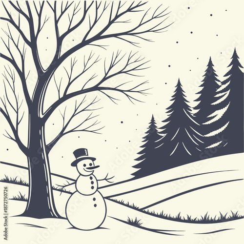 Winter Wonderland Snowman and Trees in a Snowy Landscape.