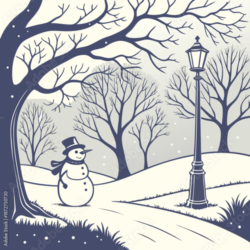 Winter Wonderland Snowmans Serene Stroll Under the Lamplight.