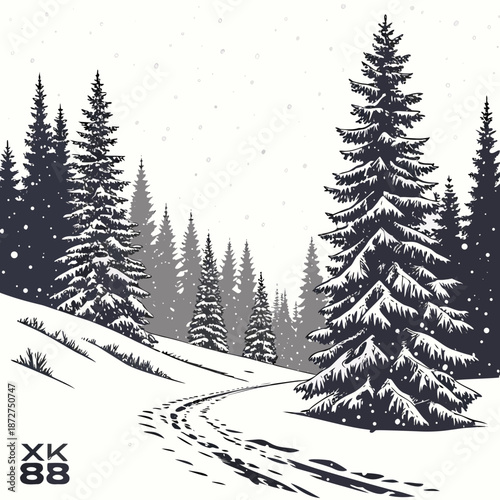 Winter Wonderland Snowy Forest Landscape with Footprints in the Snow.