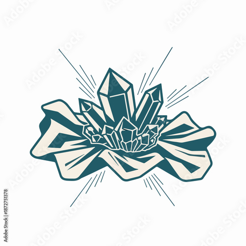 Amethyst crystal cluster on silk cloth. Geometric line art vector illustration. Mystical gemstone and draped fabric design element isolated on white