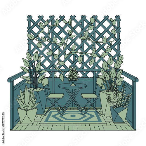 Balcony garden with lattice and vines. Architectural line art of a cozy urban balcony. Flat design vector illustration of outdoor furniture and potted plants isolated on white background