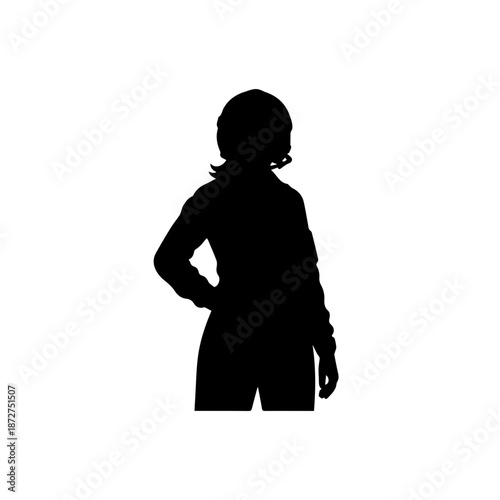 Female helicopter pilot silhouette with helmet. Solid black vector illustration of a woman aviator. Professional pilot icon isolated on white background