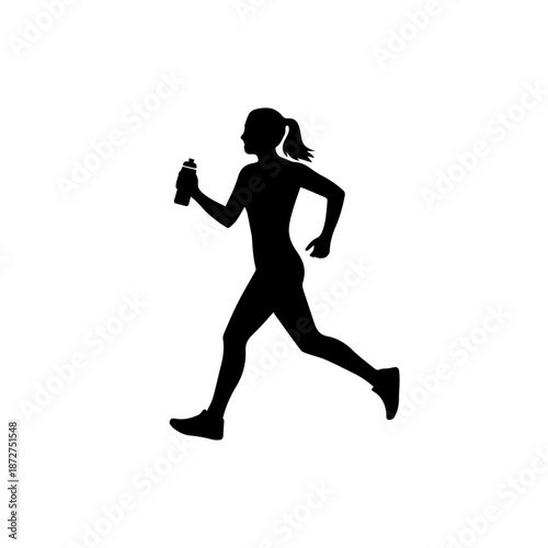 Female runner silhouette holding a water bottle. Solid black shape for fitness and jogging. Minimalist flat vector illustration isolated on white background
