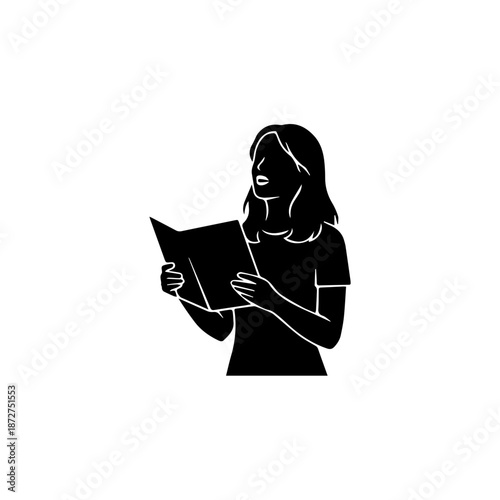 Black silhouette of a female singer holding a music sheet. Minimalist vector illustration of a vocalist. Solid black shape isolated on white background