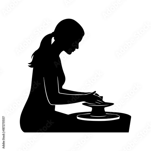 Pottery making silhouette. Woman shaping clay on a pottery wheel. Minimalist vector illustration isolated on white background
