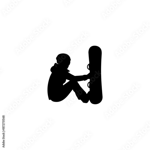 Female snowboarder silhouette resting on slope. Solid black shape vector illustration. Winter sports icon isolated on white background