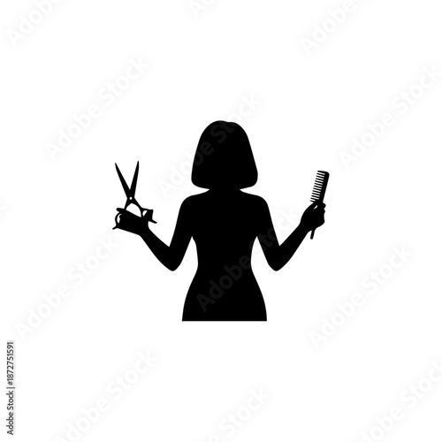 Female hair stylist silhouette with scissors and comb. Minimalist vector icon for hair salon and beauty industry. Solid black shape isolated on white background