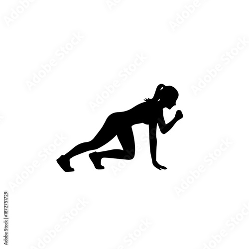 Woman doing mountain climbers exercise silhouette. Solid black shape vector illustration. Fitness and workout concept isolated on white background