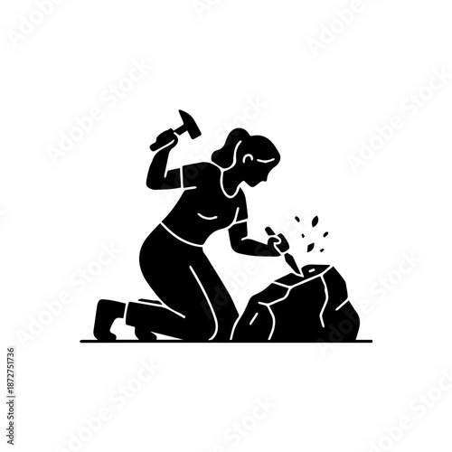 Black silhouette icon of a woman sculpting a rock. Artist or stonemason carving stone with a hammer and chisel. Minimalist flat vector illustration