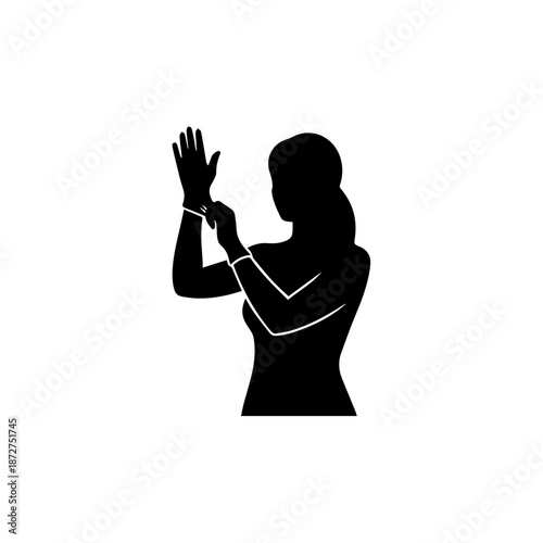 A black silhouette of a woman putting on protective gloves. Vector icon for medical safety and hygiene procedures. Minimalist graphic symbol isolated on a white background