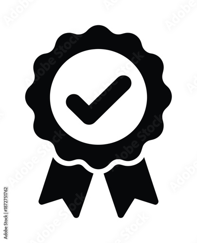 Black and white vector rosette badge with a checkmark inside