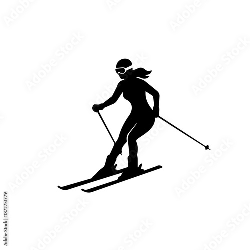 Silhouette of a female skier in action. Winter sports vector icon for downhill skiing. Minimalist black graphic illustration isolated on a white background.