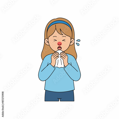 Vector illustration of a sick girl sneezing into a tissue. Child with cold, flu, or allergy symptoms. Cartoon character isolated on a white background