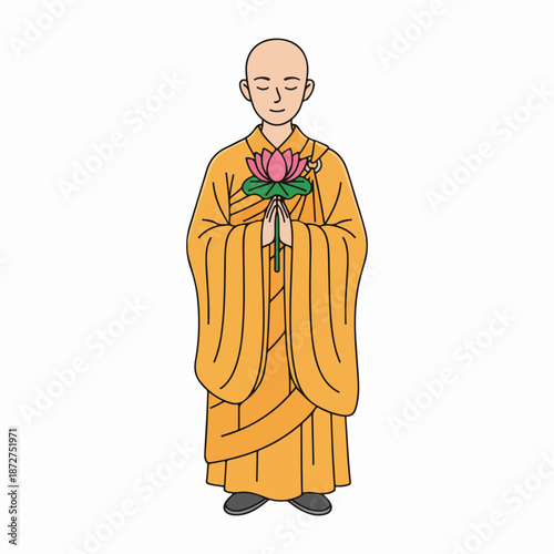 A vector illustration of a Buddhist monk holding a lotus flower. Zen spiritual character in traditional orange robes in a prayer pose. Cartoon graphic isolated on a white background