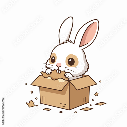 Cartoon rabbit chewing cardboard box. Playful bunny vector illustration. Isolated animal graphic