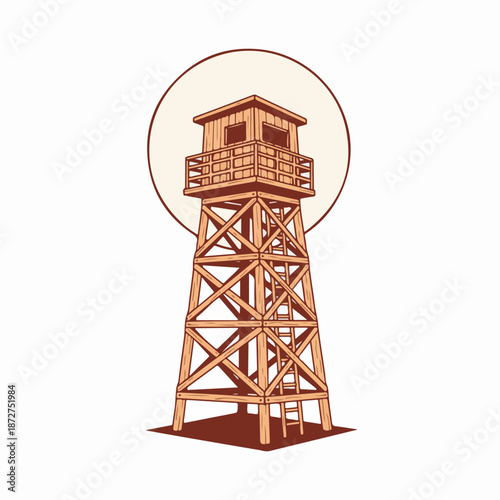 Wooden watchtower vector illustration. Clean line art of a tall military lookout or firewatch tower. Security and surveillance symbol isolated on a white background