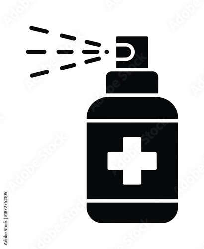 Black and white vector illustration of a spray bottle with a cross symbol