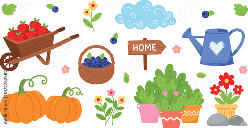 Cute garden elements collection with pumpkins, berries, plants, watering can and home sign, flat vector illustration