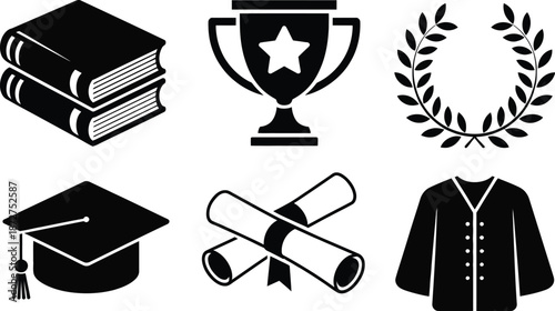 Black and white of graduation cap, diploma, academic robe, books, trophy, and laurel wreath