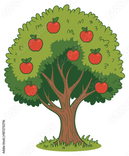 Cartoon apple tree with red apples and green leaves white fruit
