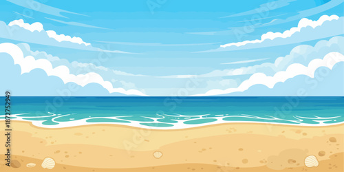 Serene beach scene with blue ocean and white clouds sand
