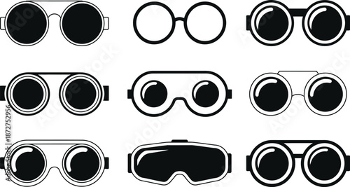 Various black and white goggles and sunglasses eyewear