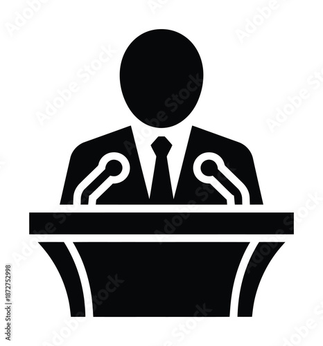 A vector icon shows a man speaking at a podium with microphones.