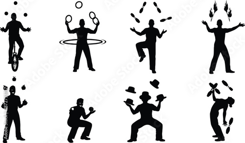 Collection of eight black silhouette illustrations of people performing circus acts and stunts