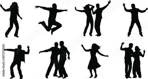 Collection of black silhouettes of people dancing in various poses and movements