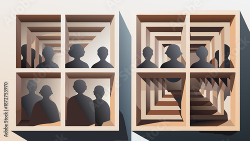 Flat abstract illustration of stylized human silhouettes in multiple framed boxes with depth perspective creating a sense of infinite recession