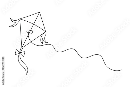 Continuous minimalist line art of flying kite with elegant tail vector