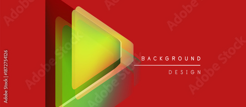 Abstract design features layered triangles. Bright colors blend, creating dynamic visual effect on red background. Text reads background design.