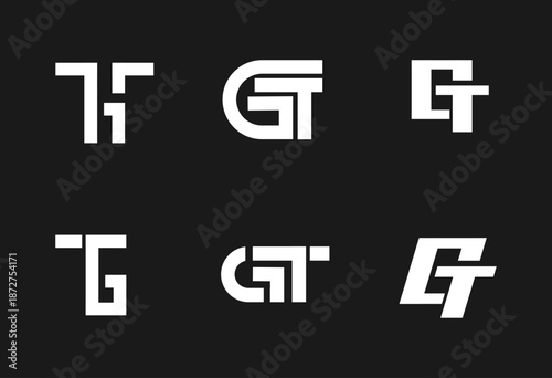 GT and TG Letter Monogram Logo Designs Set. Abstract Geometric Typography Creative Brand Identity Concept. Modern White Lettermark Collection on Black Background.