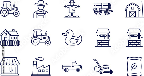 Set of agriculture and farming line icons including tractor, farmer, barn, scarecrow, water well, crops, rural house, and gardening equipment.